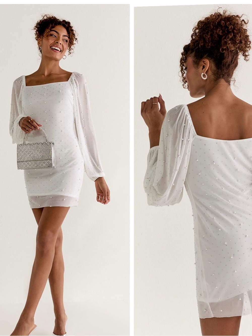 Francesca’s White Pearl Embellished Square-Neck Mini Dress  Bridal Bachlorette